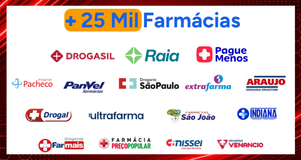 Mais de 25 mil farmácias parceiras: Drogasil, Raia, Pague Menos, PanVel, Araujo e muito mais